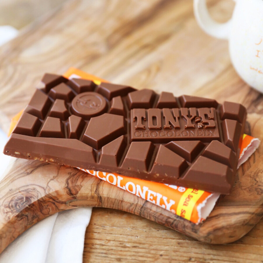 Tony's Chocolonely unwrapped showing uneven pieces of chocolate