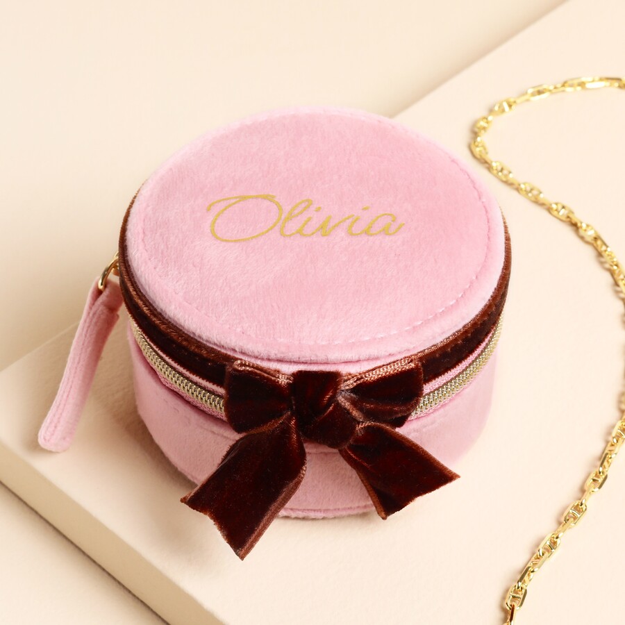 Personalised Pink and Burgundy Velvet Bow Mini Round Jewellery Case
