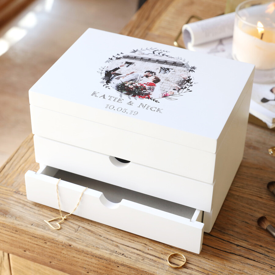 This White Wooden Jewellery Box Comes With Your Photo and Message Printed and Makes The Perfect Anniversary Gift for Her