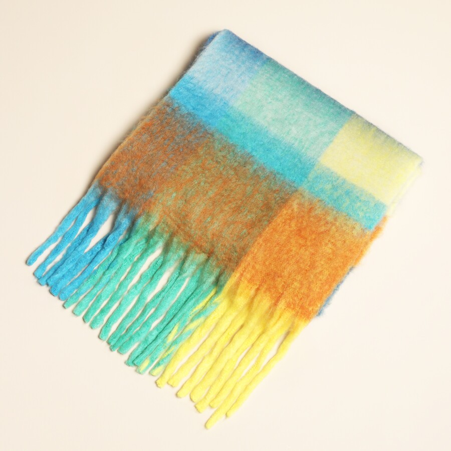 A Colour Block Winter Woollen Scarf with Warm Oranges, Bright Yellows, and Cool Blues