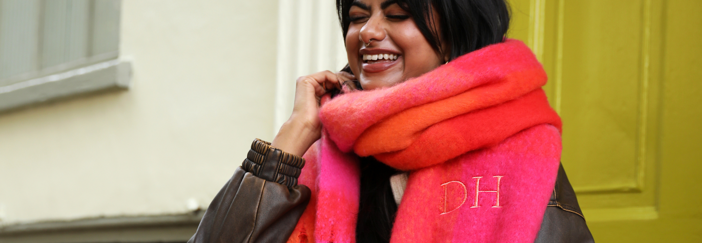 Personalised Initial Heart Pink and Orange Check Winter Scarf
