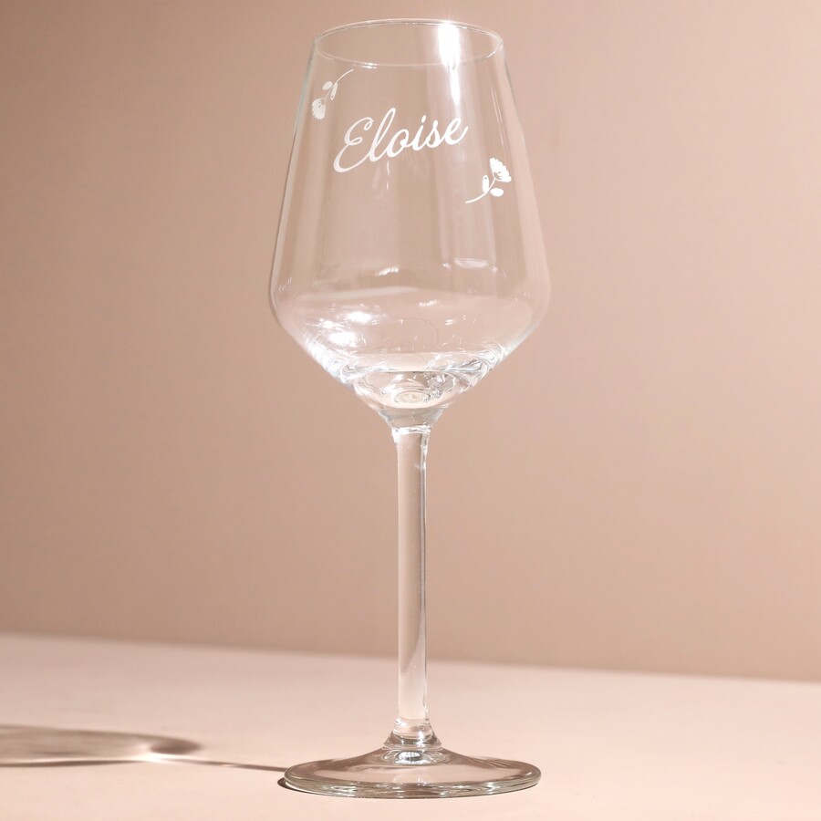 A Classic Wine Glass With a Long Stem and Her Name Personalised Across The Glass
