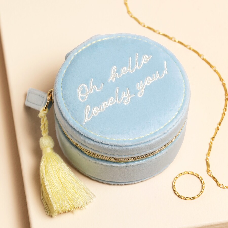 Our Blue Hello Lovely You Mini Round Travel Jewellery Case is the Perfect Choice for a Jewellery Mad Daughter off on her Travels