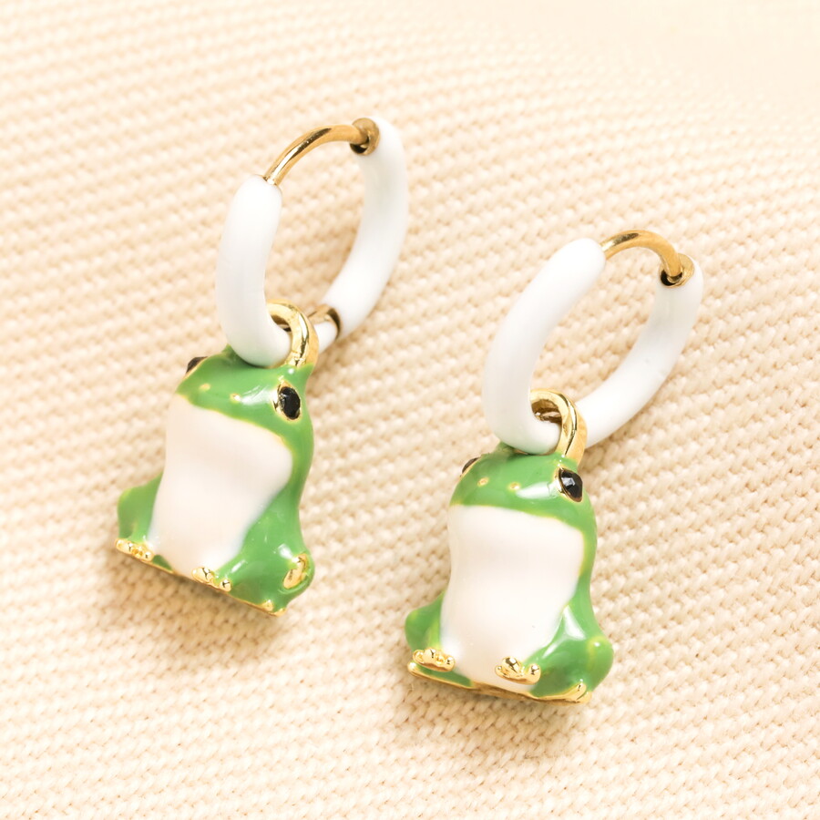 A Sweet Pair of Huggie Hoops in Gold and White With Dangling Frog Charms