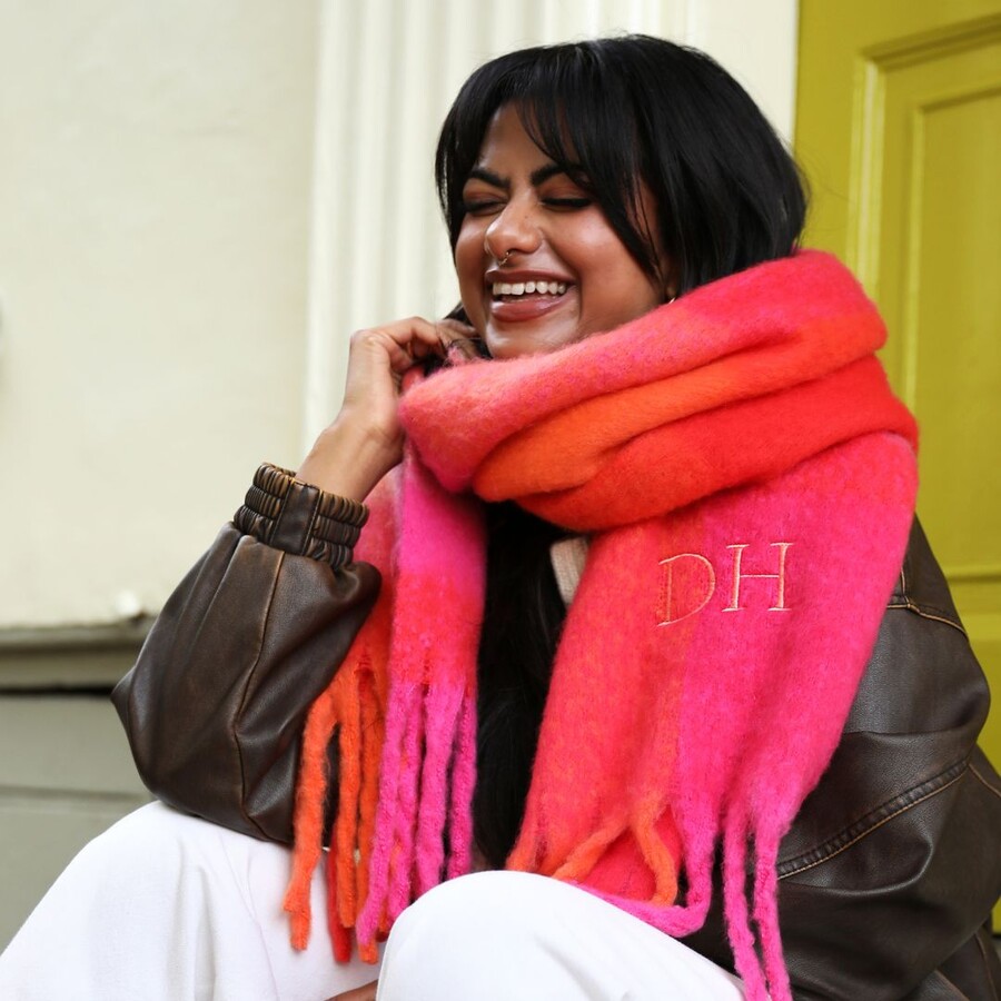Personalised Initial Heart Pink and Orange Check Winter Scarf