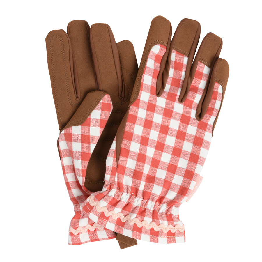A Half Tan Leather and Red Gingham Print Pair of Gardening Gloves