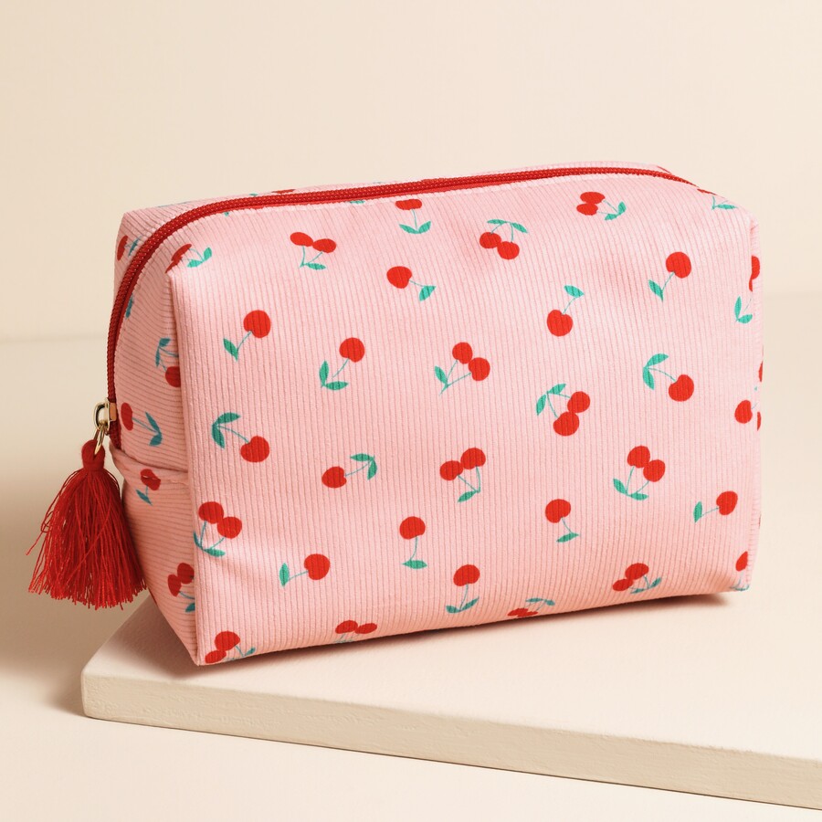 A Pink Corduroy Bag with a Red Tassel Zip and a Pretty Cherry Print