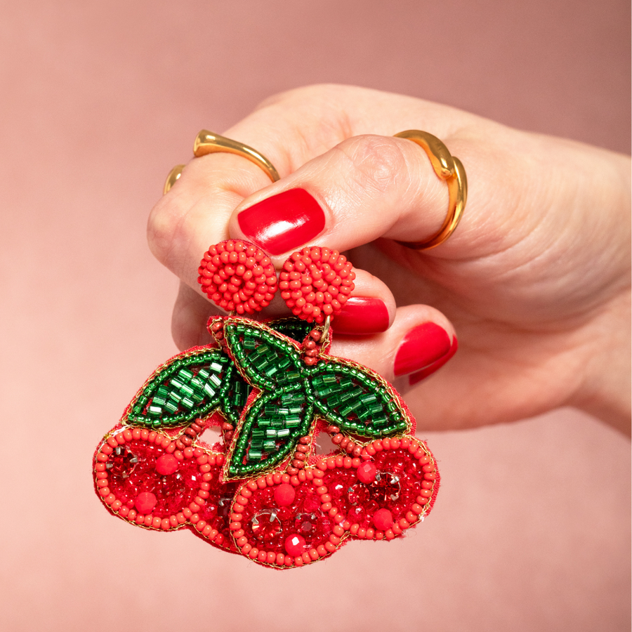 A Pair of Beaded Cherry-Shaped Dangle and Drop Earrings in Red and Green