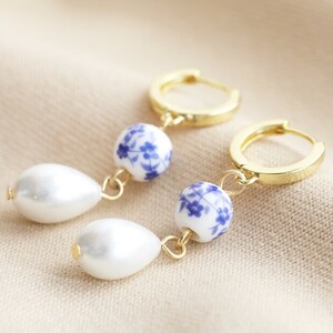 Blue Willow and Pearl Drop Earrings