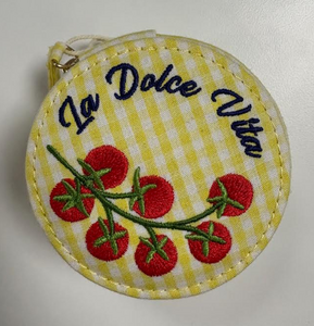 Yellow Gingham and Tomato Embroidery Round Travel Jewellery Case 