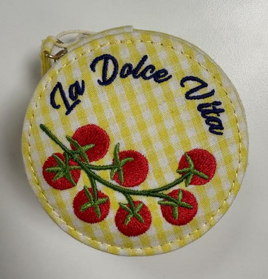 Yellow Gingham and Tomato Embroidery Round Travel Jewellery Case 