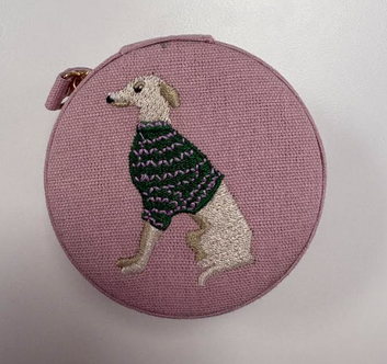 Embroidered Pink Dog Round Jewellery Case