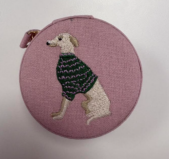 Embroidered Pink Dog Round Jewellery Case