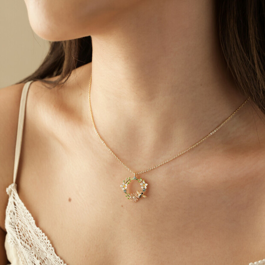 Crystal Flower and Enamel Bee Necklace in Gold