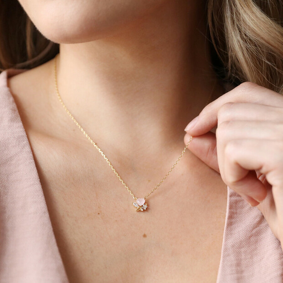 Gold Pink Crystal Heart Necklace