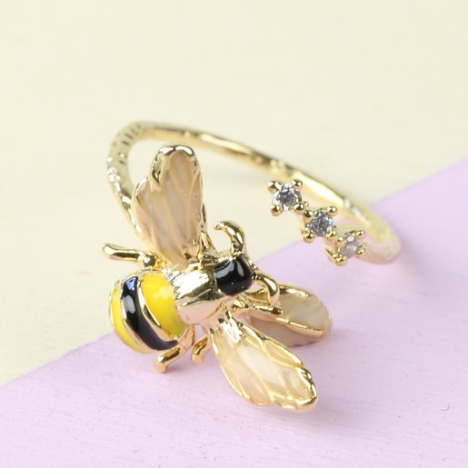 Bumblebee and Crystal Adjustable Ring in Gold | Lisa Angel