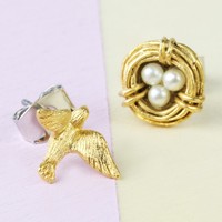 Nest and Swallow Stud Earrings in Gold