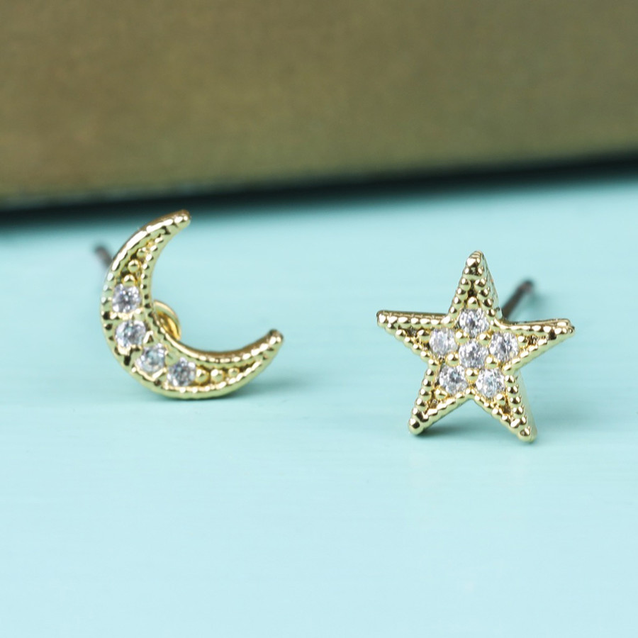 Gold Moon and Star Crystal Stud Earrings Lisa Angel Jewellery