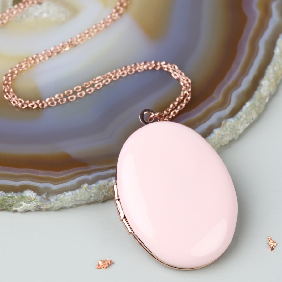 Long Pink Oval Locket Necklace In Rose Gold Lisa Angel