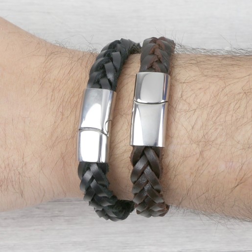 Mens Bracelet Black and Brown Double Row Leather and Rope BT017