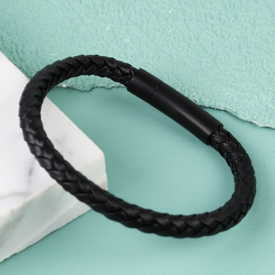 Men's Black Leather Bracelet with Matt Black Clasp - Large