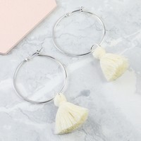 Cream Tassel Hoop Earrings in Silver