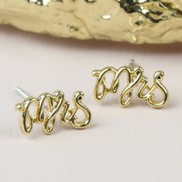 Delicate 'Mrs' Stud Earrings in Gold