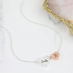 Personalised Brushed Double Heart Necklace in Silver & Rose Gold