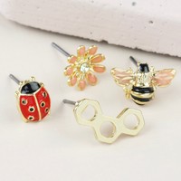 Set of 4 Mismatched Nature Stud Earrings in Gold