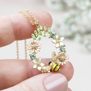Crystal Flower and Bee Droplet Necklace