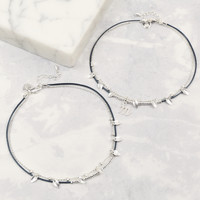 Navy Blue Leather and Silver Leaf Charms Anklet