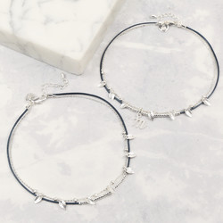 Navy Blue Leather and Silver Leaf Charms Anklet