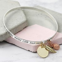 Personalised Silver 'Yes to Adventure' Meaningful Words Charm Bangle