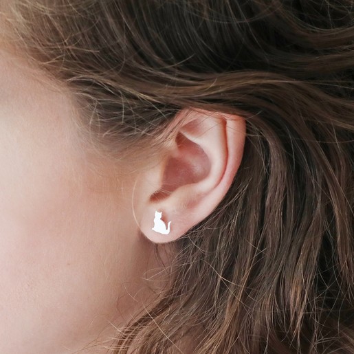Silver Tone Small Cat Crystal Ear Stud Pin Earrings Jewelry Gift For Women S 