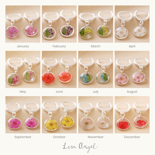 Pressed Birth Flower Huggie Hoop Earrings in Silver Collage