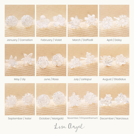 Collage of Tiny Birth Flower Stud Earrings in Silver