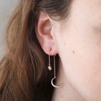Crystal Star and Moon Double Drop Earrings in Rose Gold