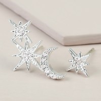 Mismatch Moon & Star Crystal Stud Earrings in Silver