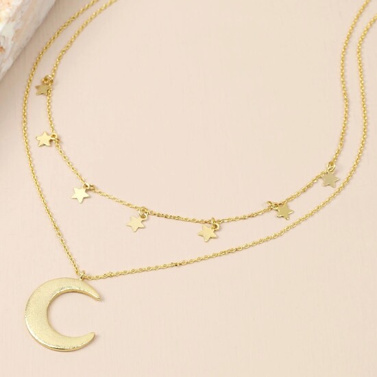 Gold Double Layer Stars and Moon Necklace