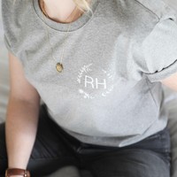 Floral Wreath Initials T-Shirt in Grey