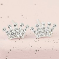 Sterling Silver Diamante Crown Stud Earrings in White