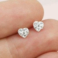 Sterling Silver Diamante Heart Stud Earrings in White