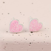 Sterling Silver Glittery Pink Heart Stud Earrings