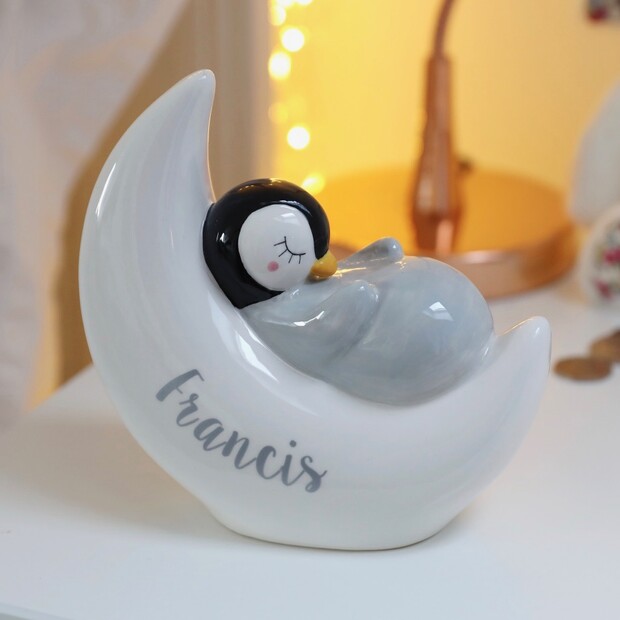 Personalised Sleeping Penguin Moon Money Box Personalised Sleeping Penguin Moon Money Box