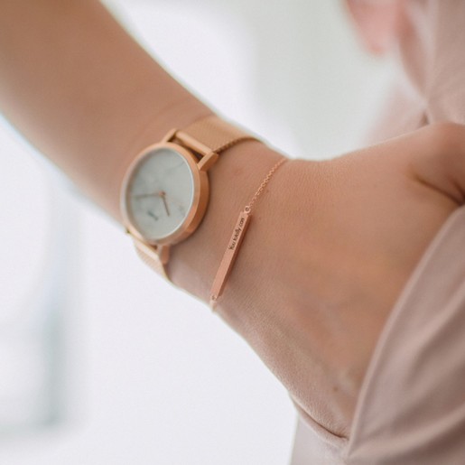 Personalised Rose Gold Horizontal Bar Bracelet on Model