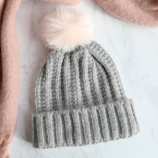 Grey Bobble Hat With Pink Pom Pom