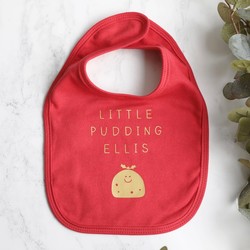 Personalised Christmas Pudding Cotton Baby Bib in Red