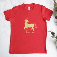 Kid's Personalised Gold Unicorn T-Shirt in Red