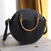 Round Brass Handle Shoulder Bag in Black