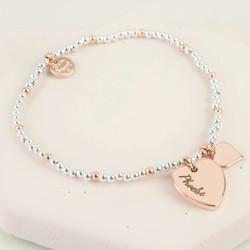 Personalised Rose Gold and Silver Beaded Heart Charm Bracelet